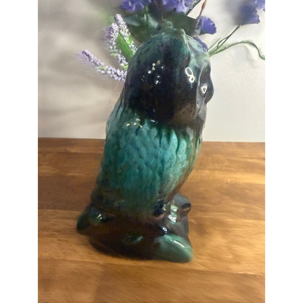 Large Vintage MCM Owl Ceramic Vase Planter Green Black Drip Glaze Pottery - Picture 8 of 10